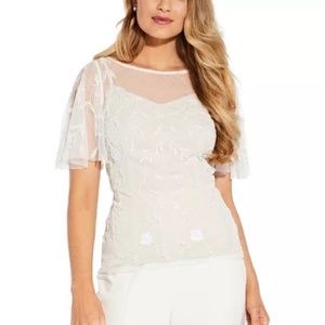 Adrianna Papell White Embellished Mesh Overlay Blouse